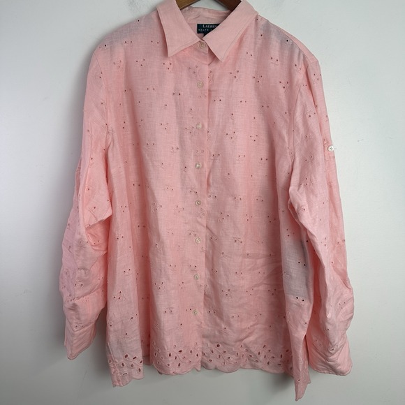 Lauren Ralph Lauren Tops - New Ralph Lauren Linen Shirt Womens 2X Button Up Pink Eyelet Lace Roll Tab L/S
